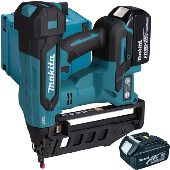 Pistol de cuie Makita DBN601RFJ LXT 18 V, cu 2 acumulatori de 3 Ah – 4064677163952